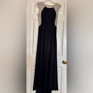Xscape Black Maxi Gown with Beaded Nude Accents